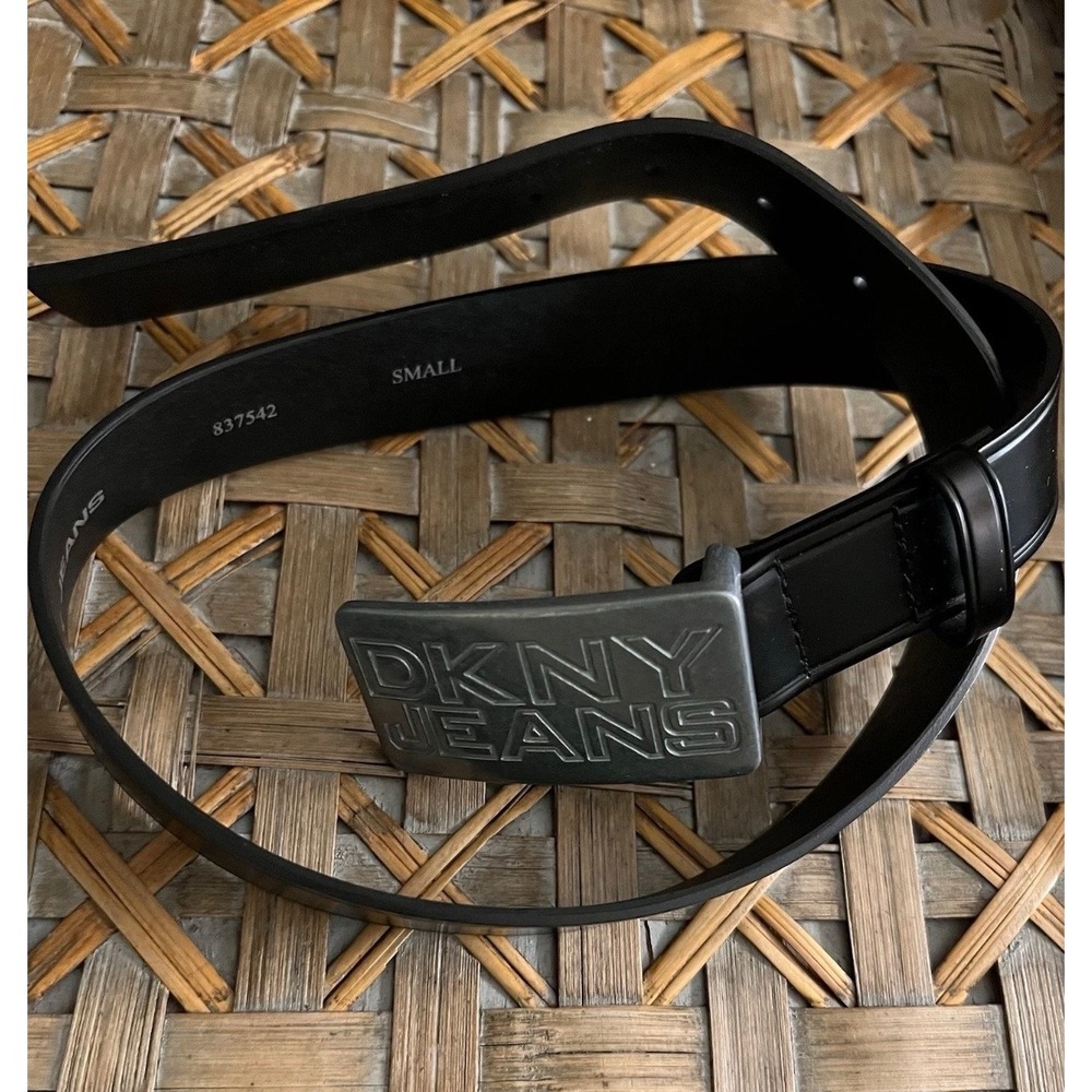DKNY Jeans Black Molded Rubber Belt Silver Logo Plaque Buckle Small 837542